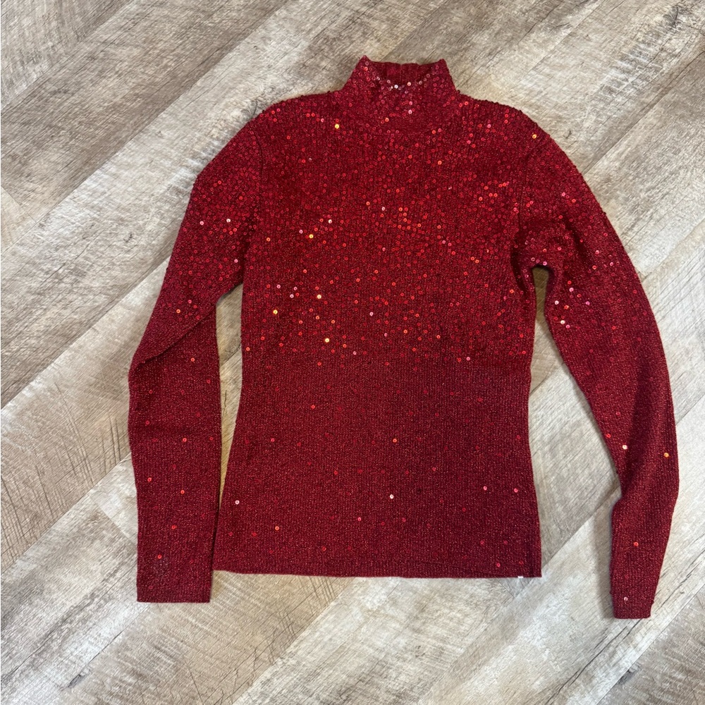 Dress Barn LARGE red long sleeve mock turtle neck, sequin sparkle/metallic